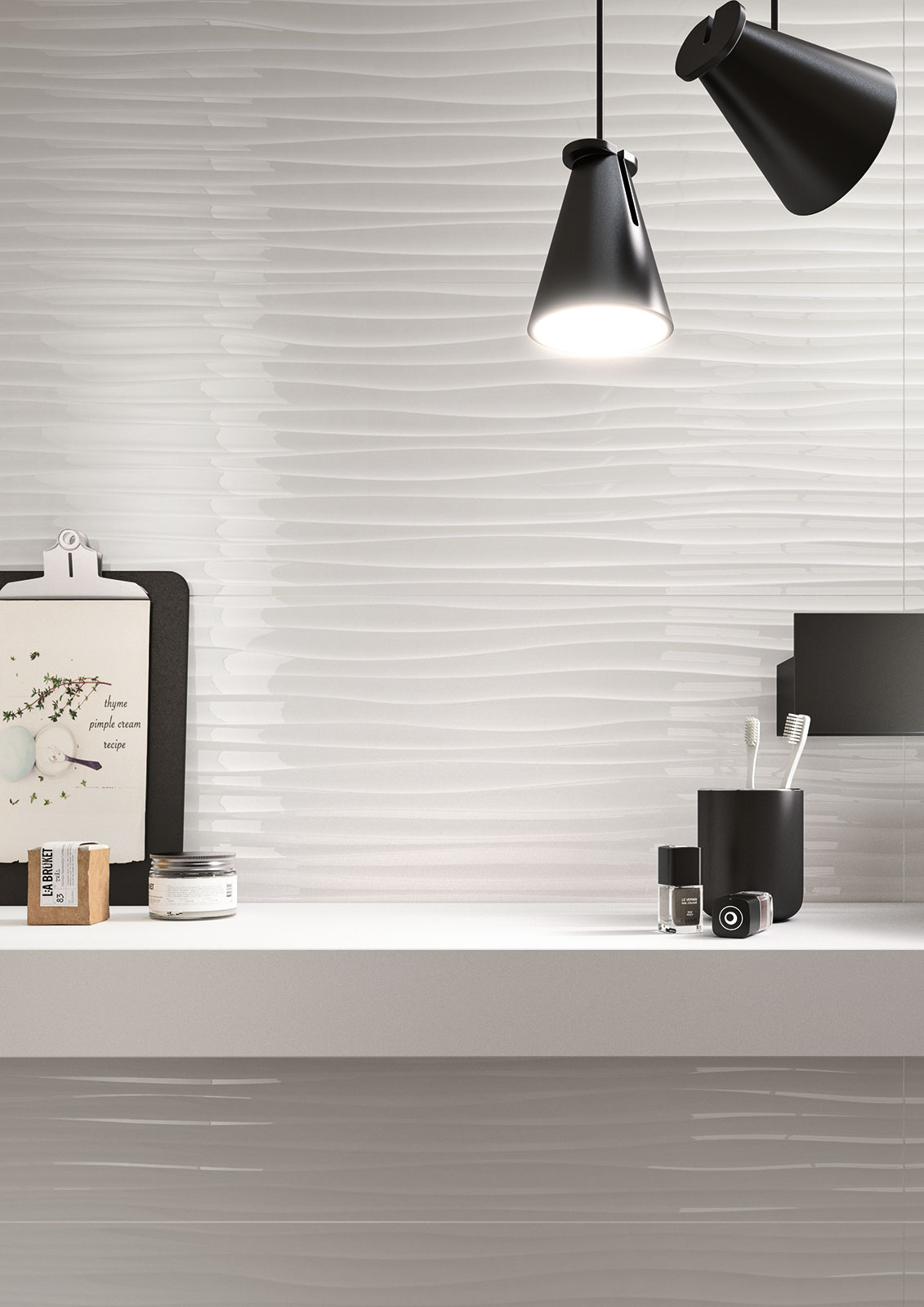 Svetlá kúpeľňa s bielym veľkoformátovým obkladom 40×120 cm a 3D dekorom (8)