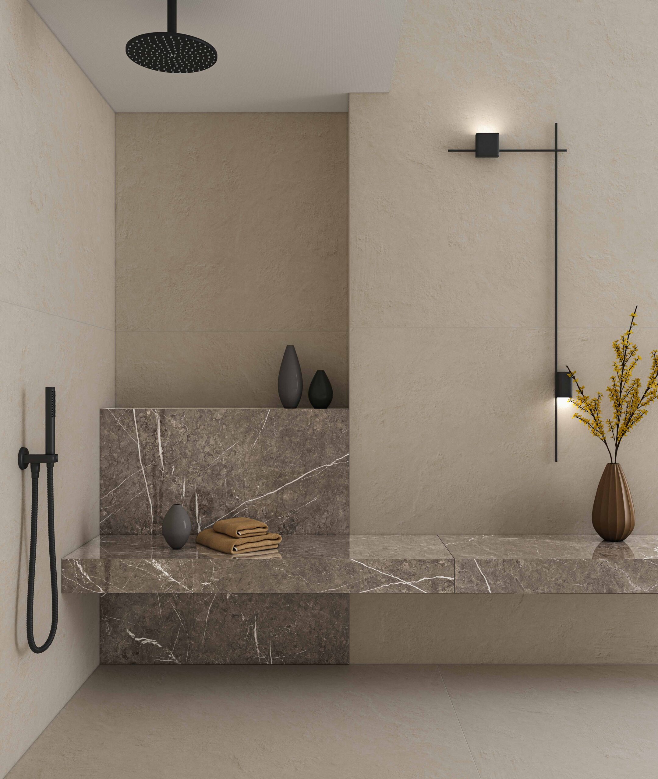 Neutrálna kúpeľňa s porcelánovou dlažbou Infinity v odtieňoch prírodného kameňa (2)