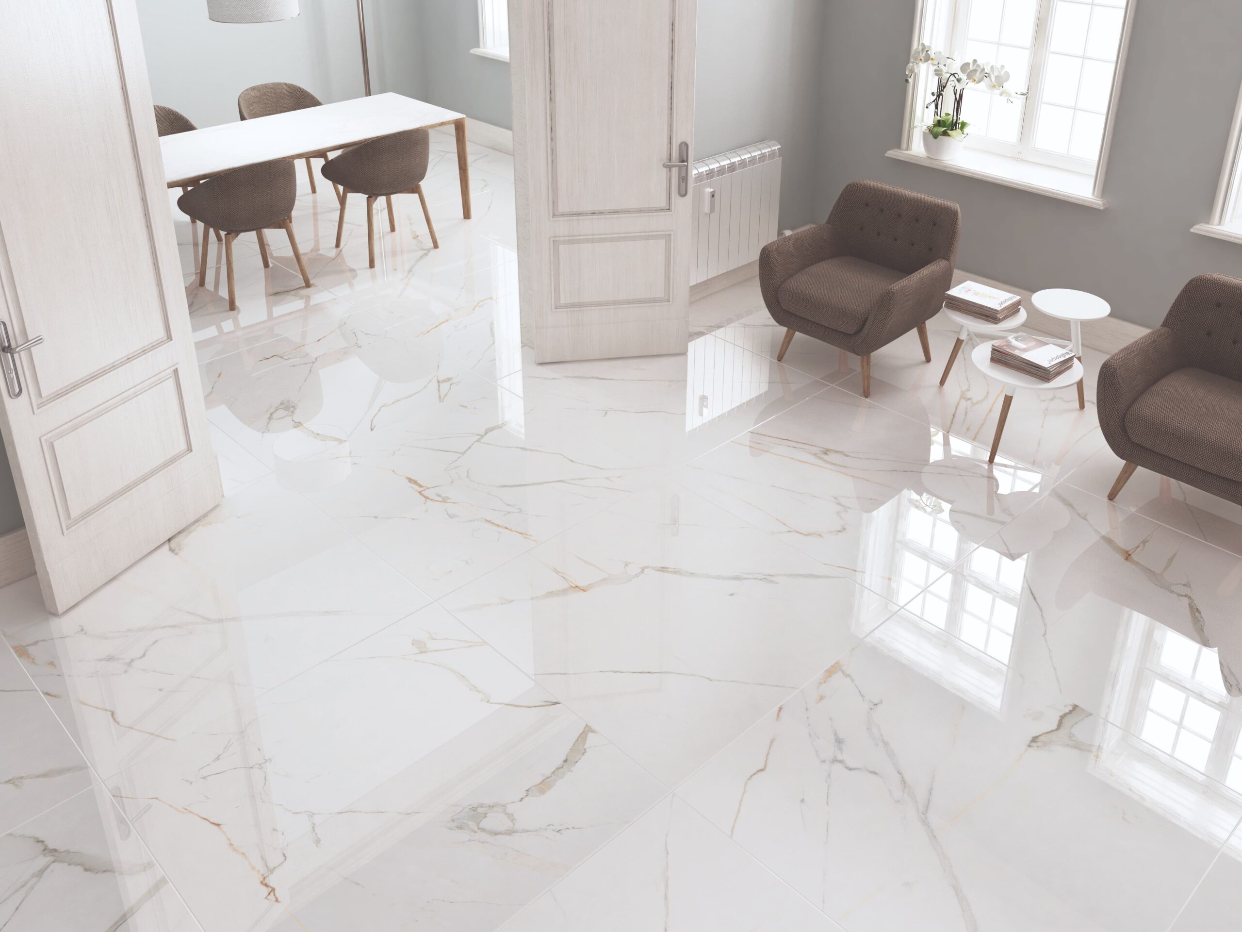 Svetlá kúpeľňa s leštenými porcelánovými obkladmi Golden od Ecoceramic (2)
