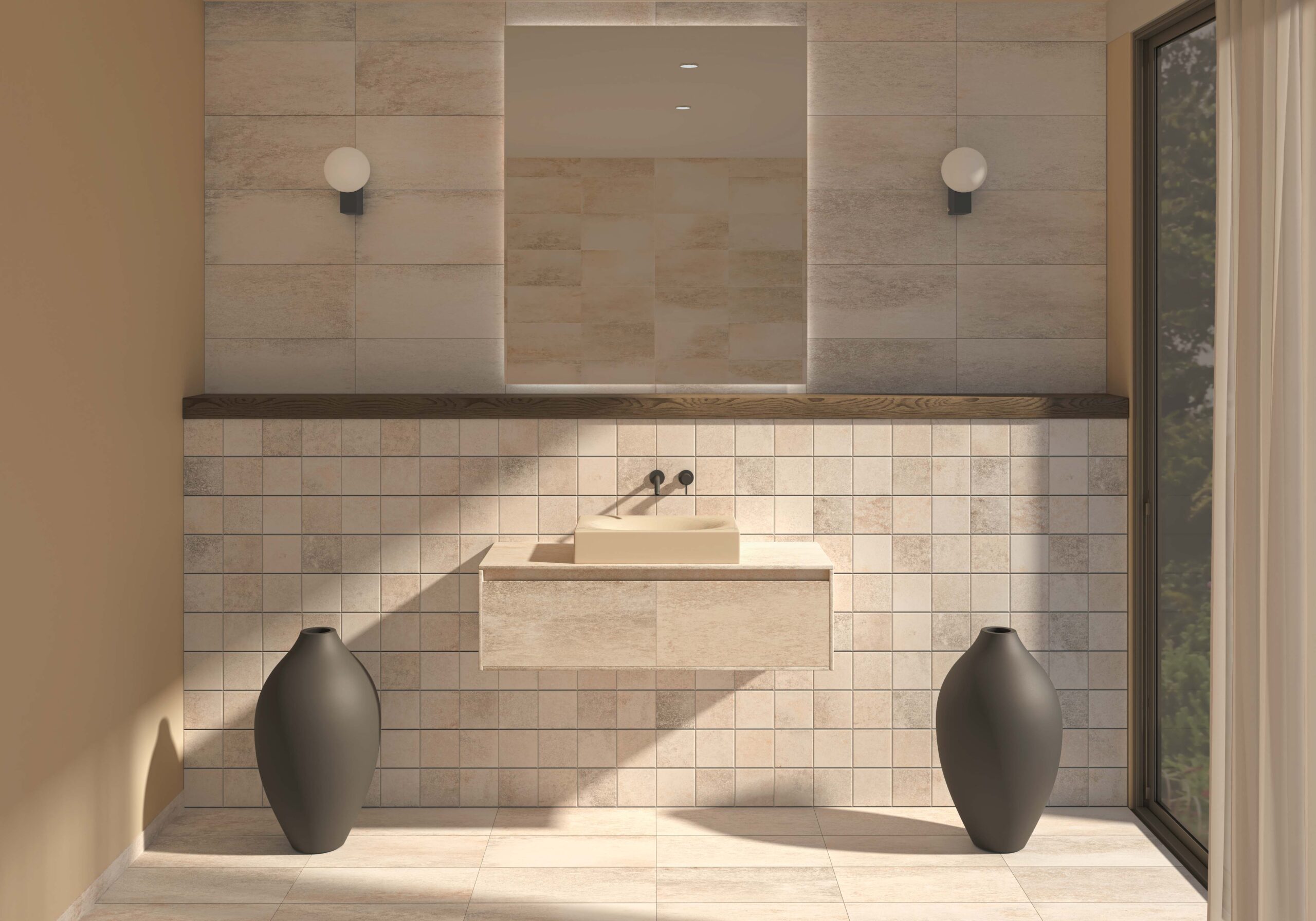 Kúpeľňa s dlažbou a farebnými akcentmi kolekcie Lombok od Ecoceramic (5)