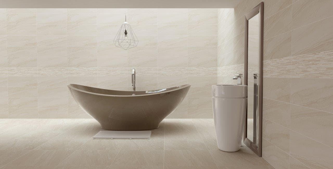 Kúpeľňa s neutrálnymi obkladmi kolekcie Caliza od Ecoceramic (2)