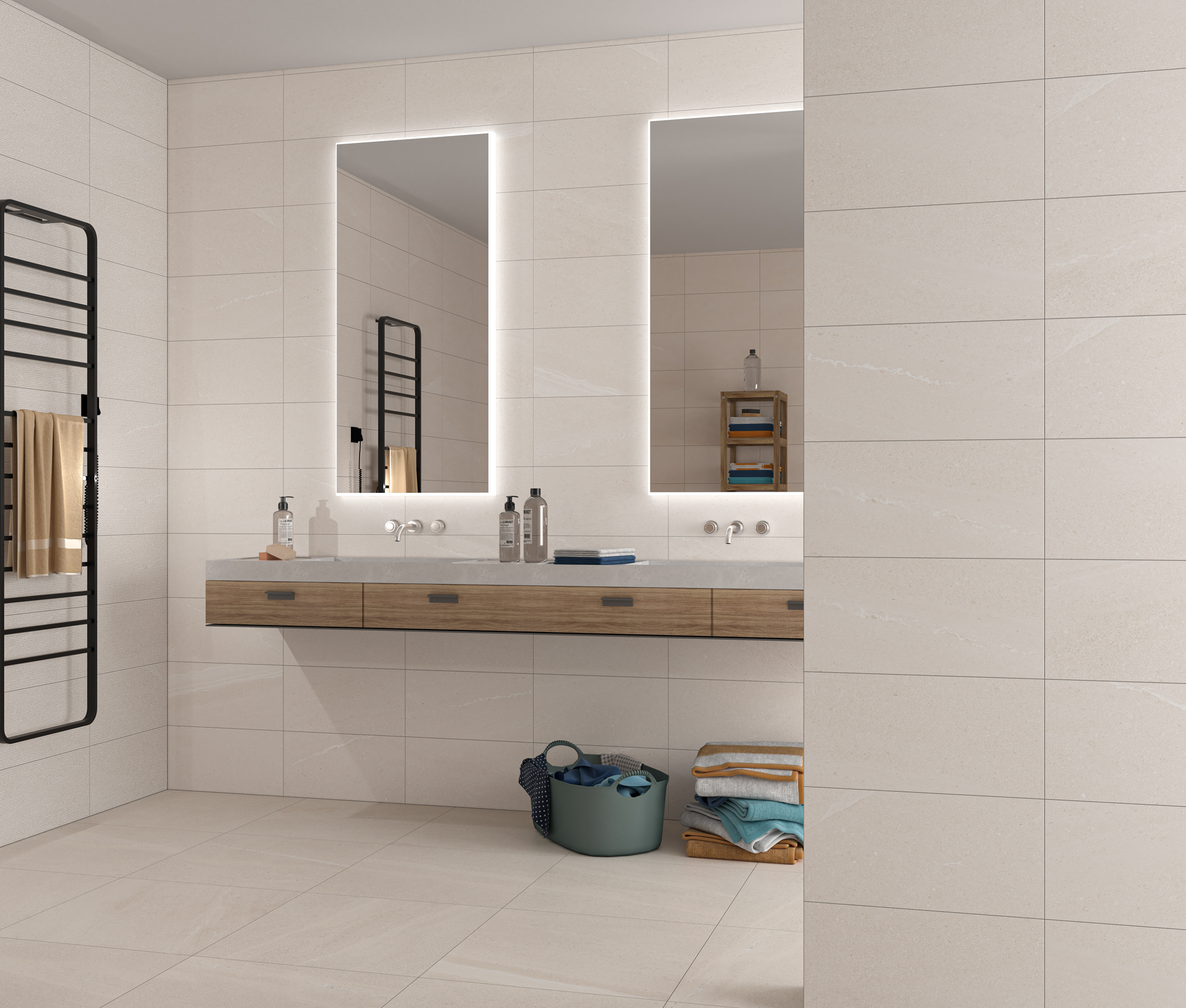 Neutrálna kúpeľňa s kamenným vzhľadom dlaždíc Lington od Ecoceramic (6)