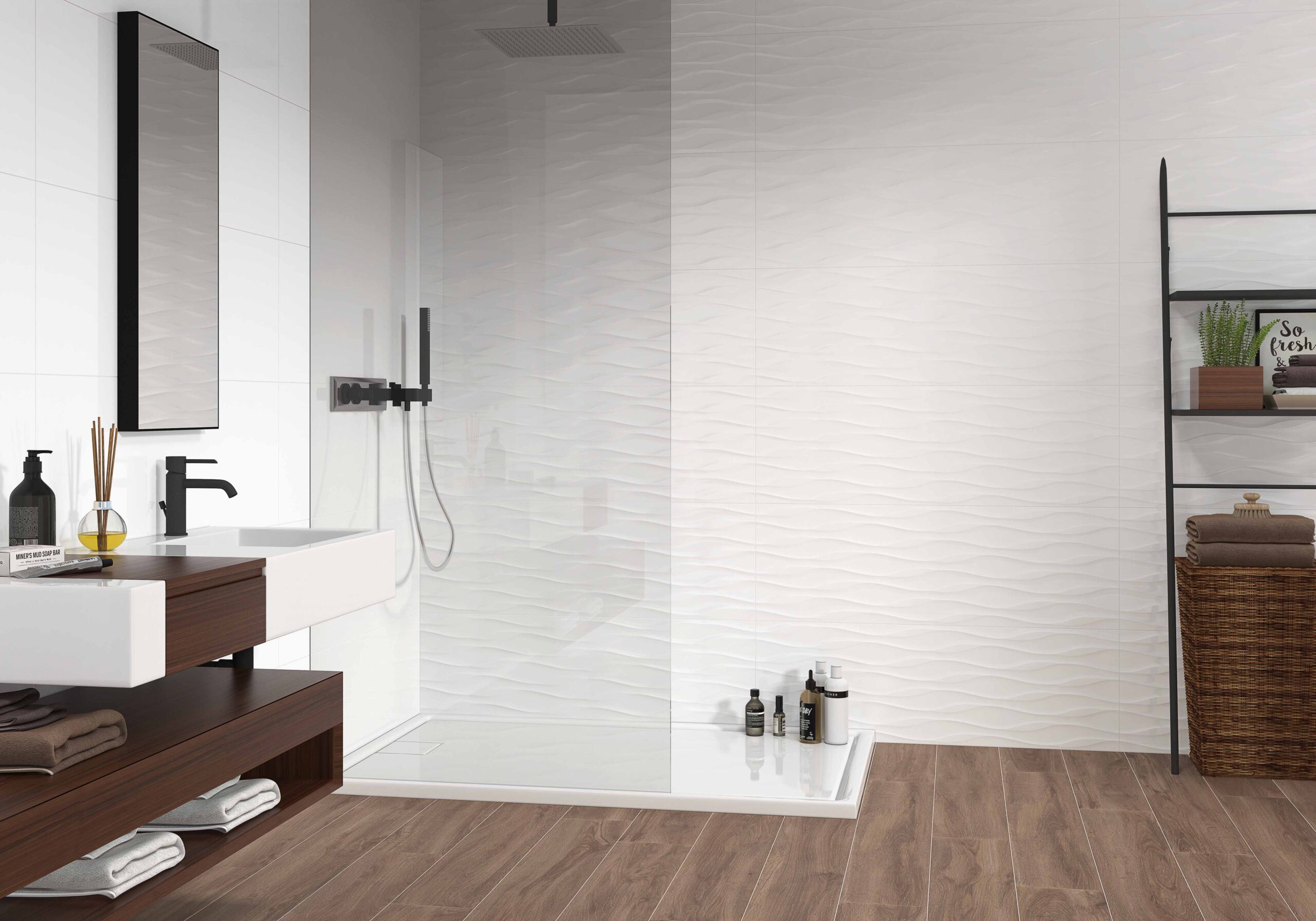 Svetlá kúpeľňa s obkladmi Blanco od Ecoceramic, matné a lesklé plochy (6)