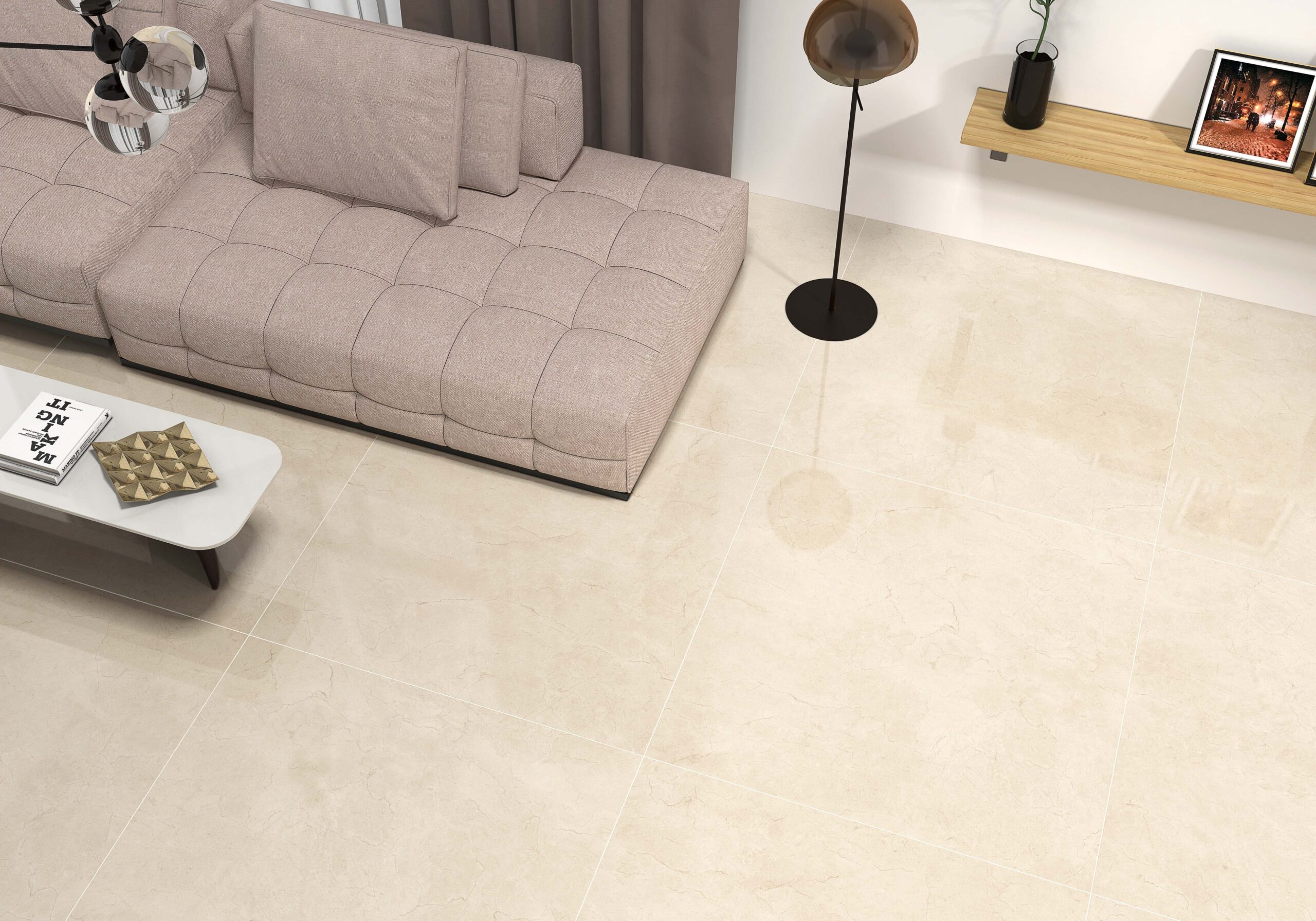 Kúpeľňa s krémovým mramorovým obkladom Crema‑Marfil a minimalistickým nábytkom (2)