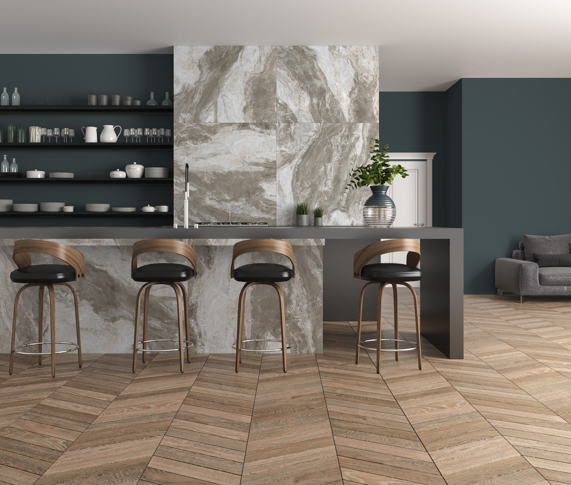 Kúpeľňa s prírodnými porcelánovými obkladmi série Ancona v neutrálnej palete