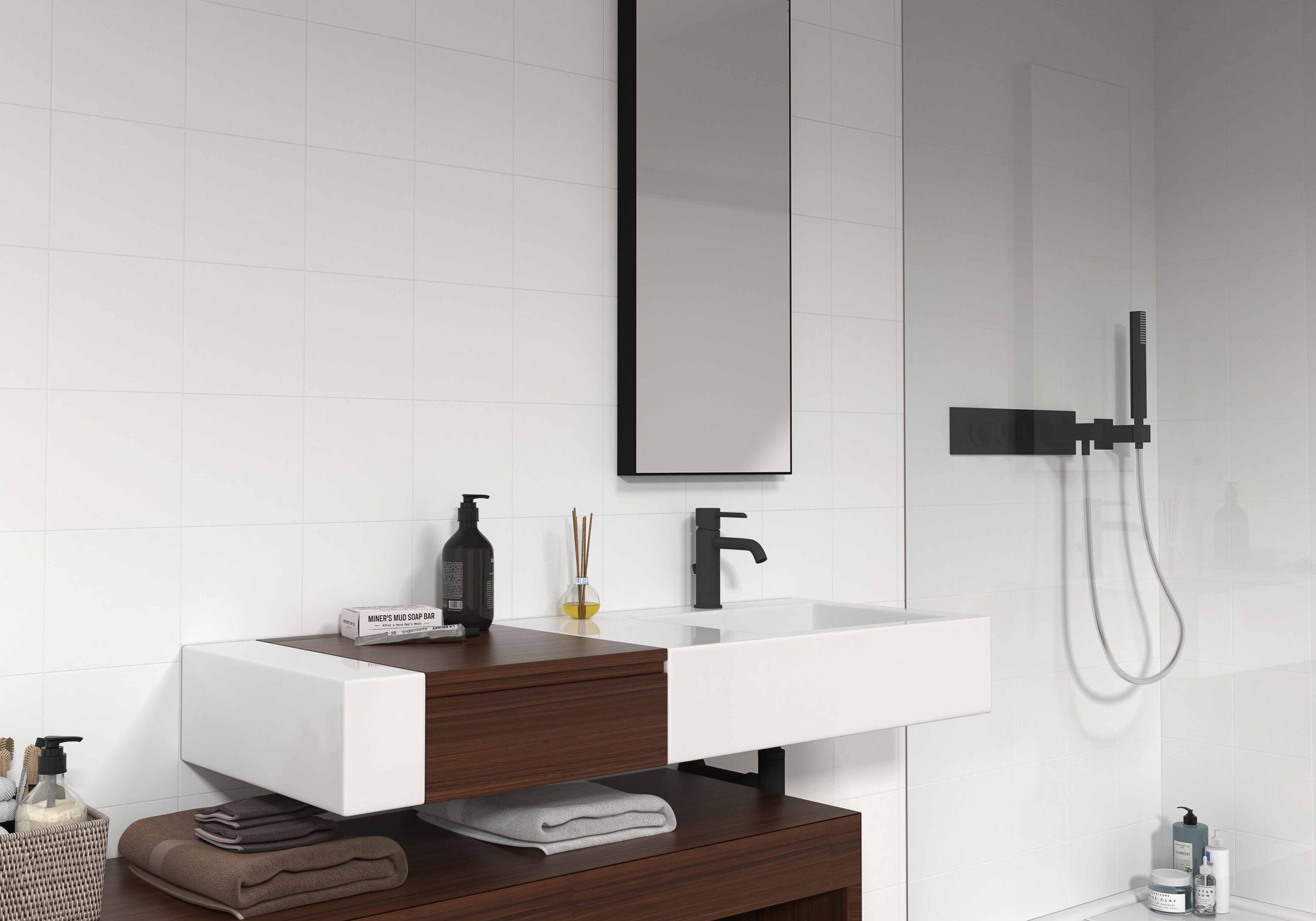 Svetlá kúpeľňa s obkladmi Blanco od Ecoceramic, matné a lesklé plochy (3)