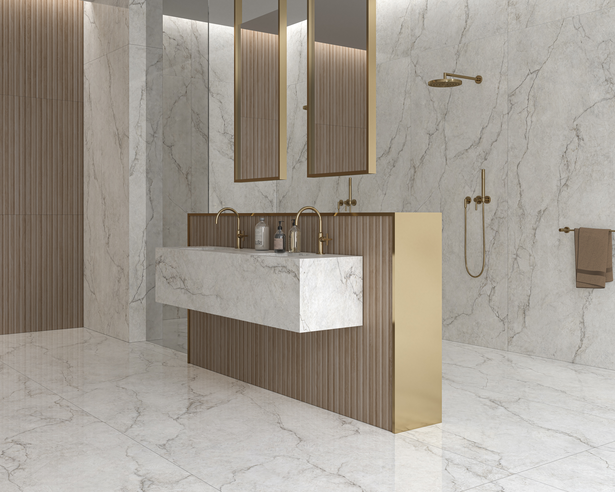 Elegantná kúpeľňa s lesklými a matnými porcelánovými obkladmi Ecoceramic Precious (5)