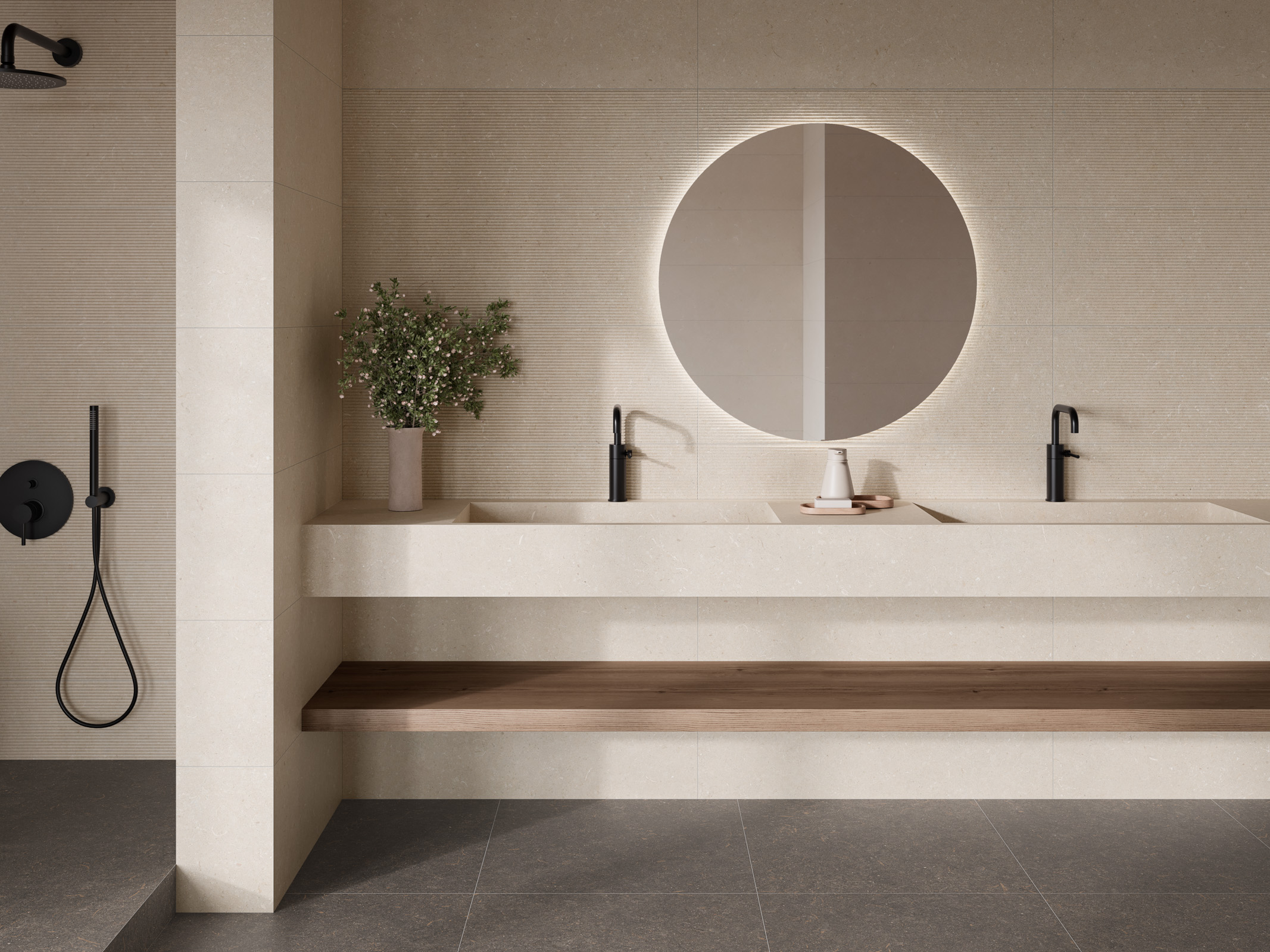 Kúpeľňa s neutrálnou dlažbou Kora od Ecoceramic v prírodných odtieňoch (4)