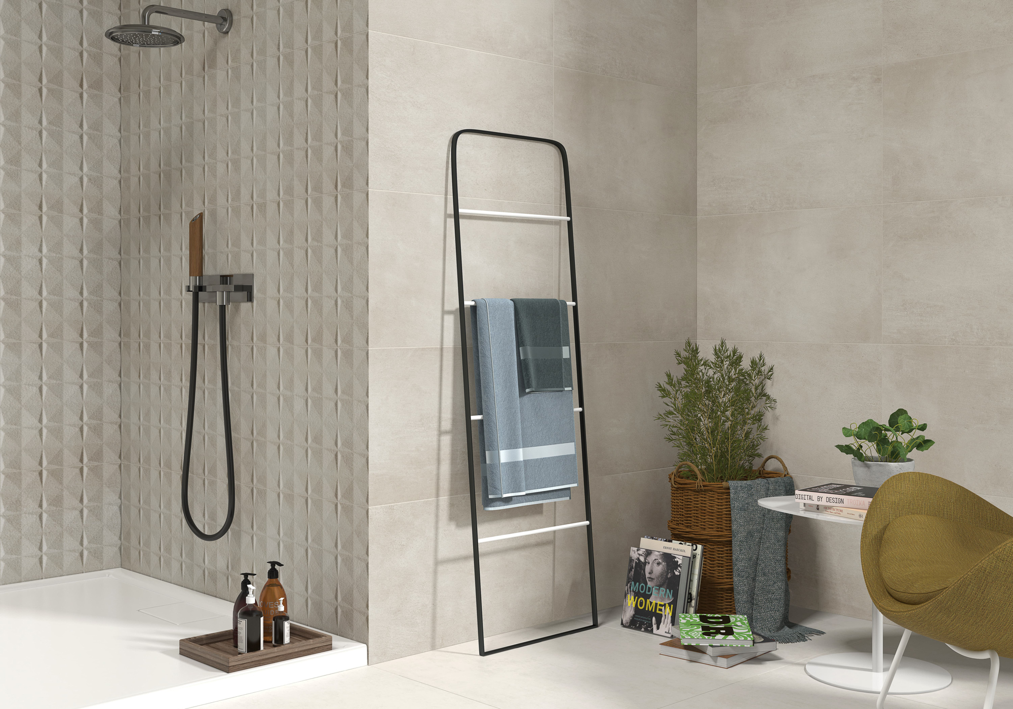 Kúpeľňa s neutrálnymi obkladmi Ecoceramic Subway v odtieňoch Blanco a Noce (2)