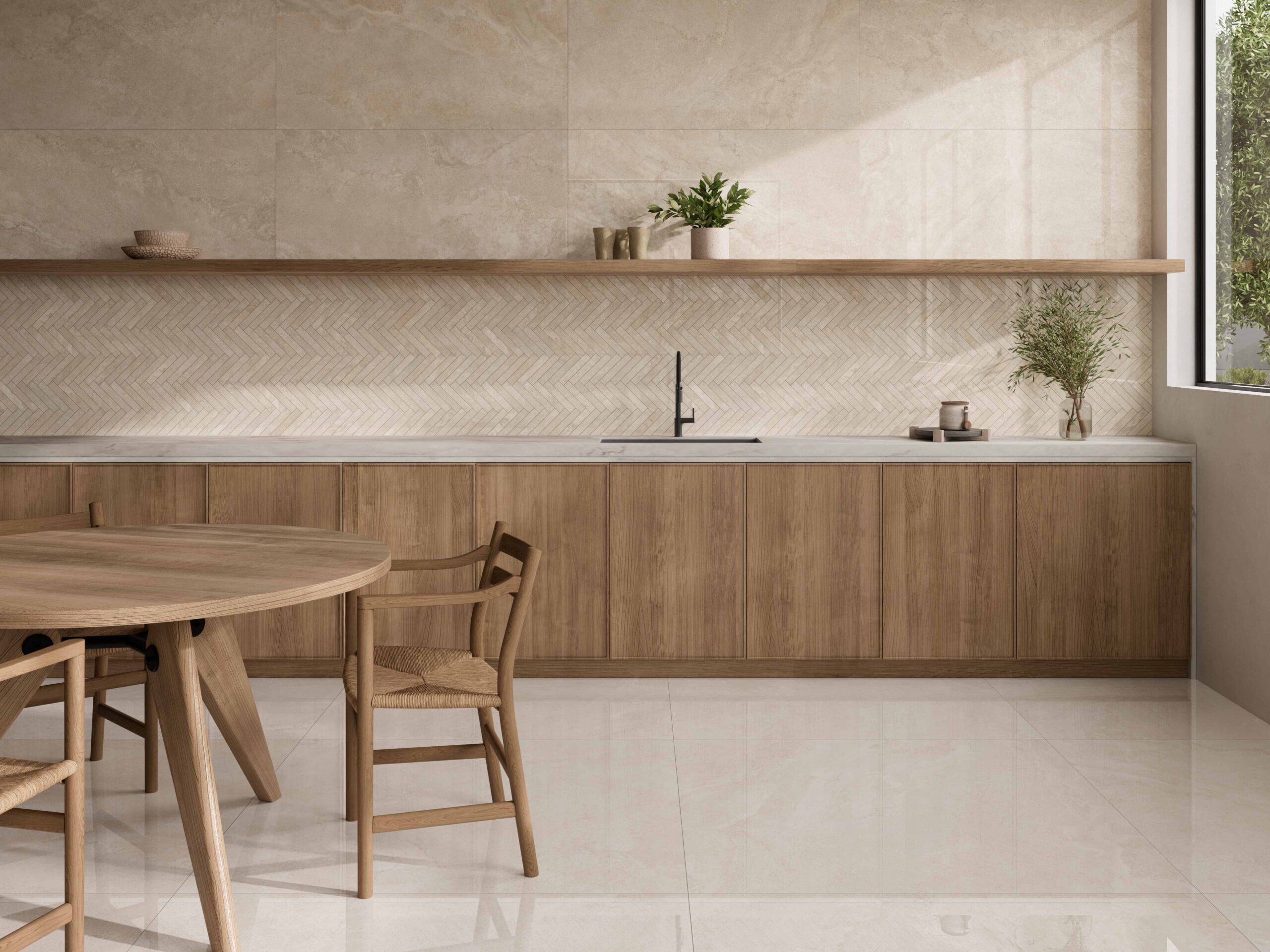Kúpeľňa s neutrálnymi porcelánovými dlaždicami Capadocia v odtieňoch white, sand a tan