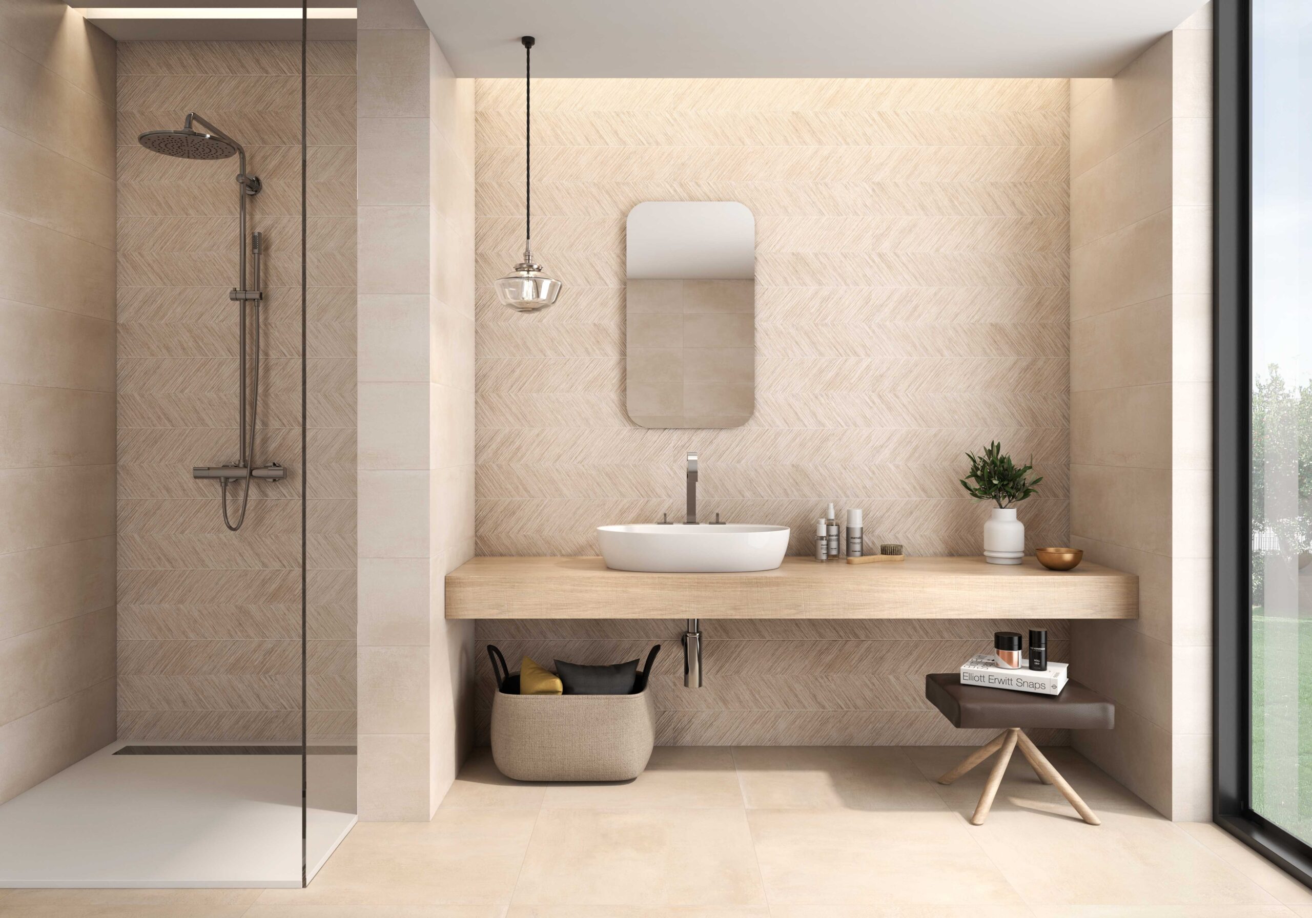 Neutrálna kúpeľňa s dlažbou Ecoceramic Eclectic v odtieňoch blanco a warm