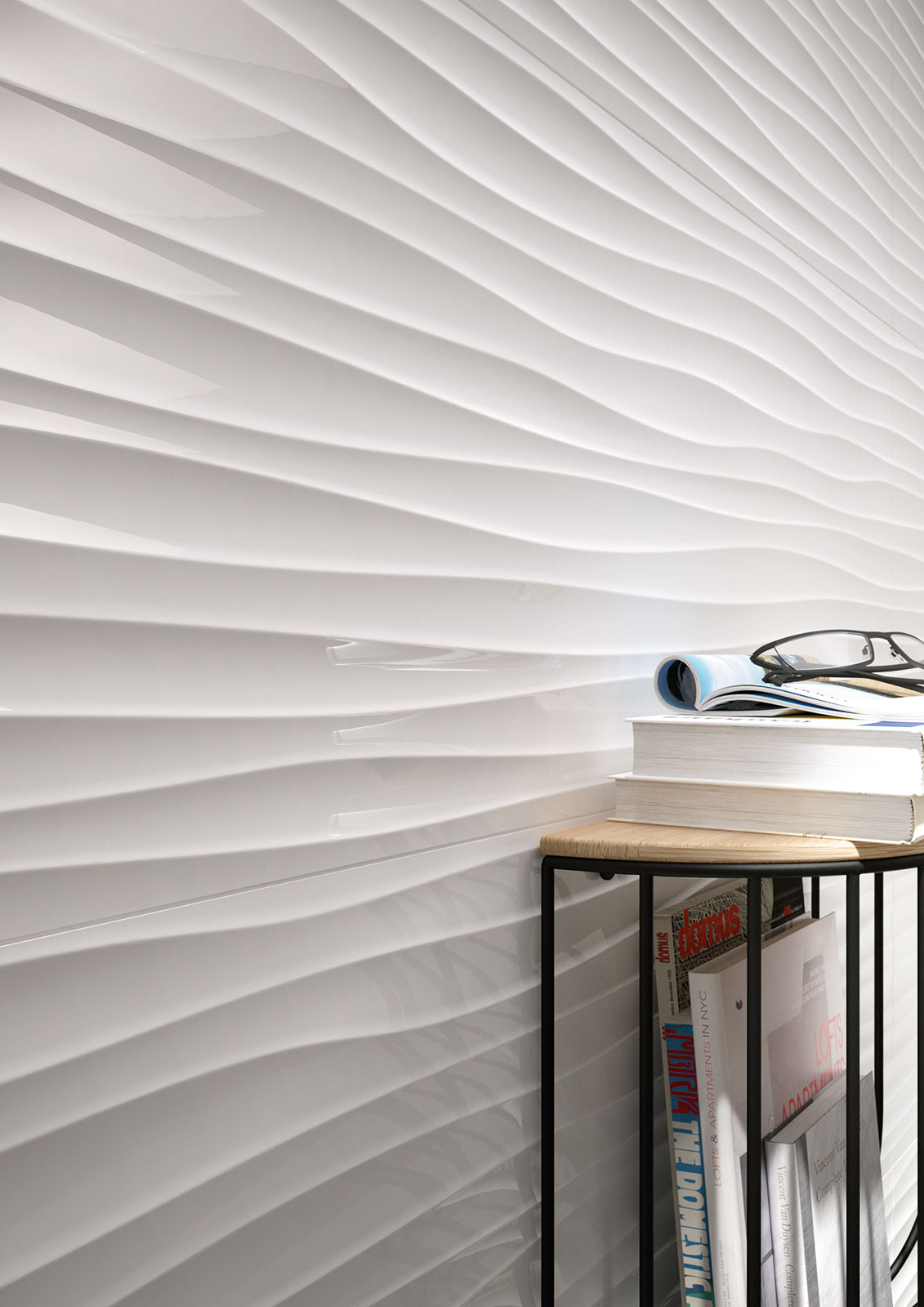 Svetlá kúpeľňa s bielym veľkoformátovým obkladom 40×120 cm a 3D dekorom (7)