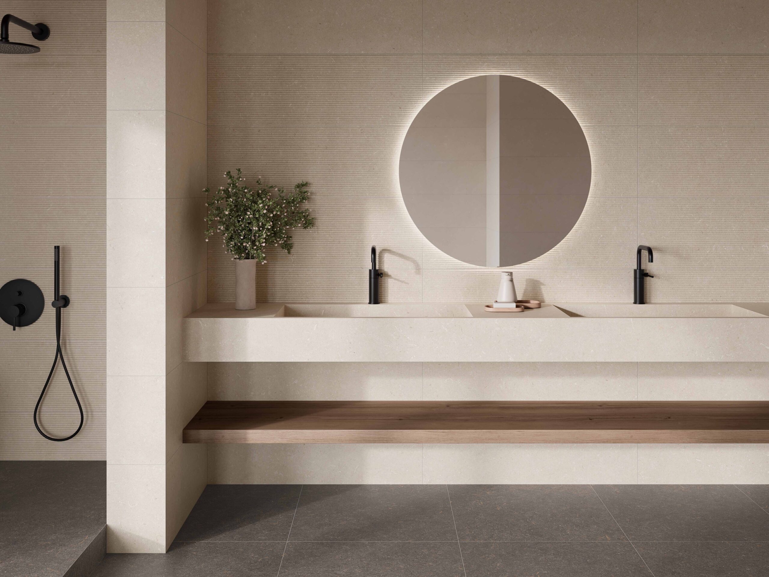 Kúpeľňa s neutrálnou dlažbou Kora od Ecoceramic v prírodných odtieňoch (6)