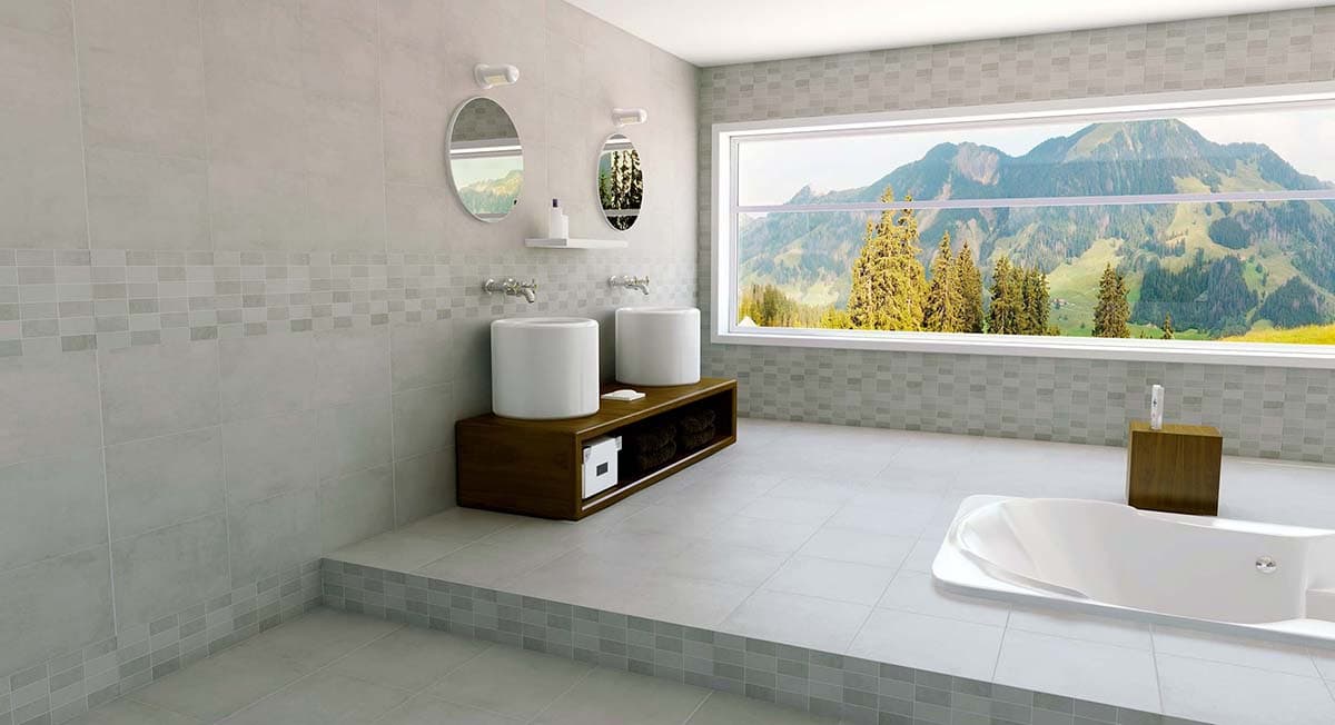 Neutrálna kúpeľňa s obkladmi Logic od Ecoceramic v tónoch Gris a Perla