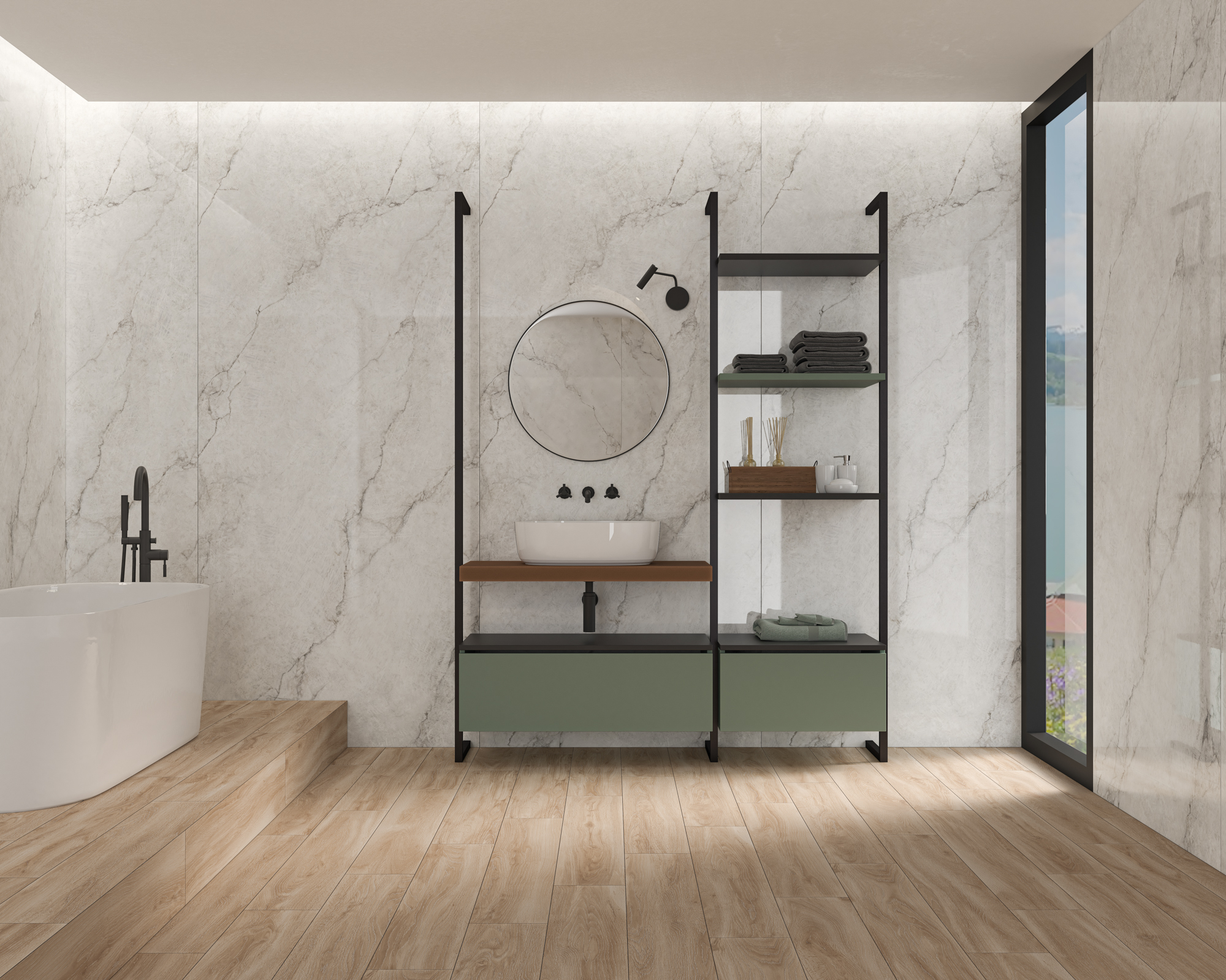 Elegantná kúpeľňa s lesklými a matnými porcelánovými obkladmi Ecoceramic Precious (4)