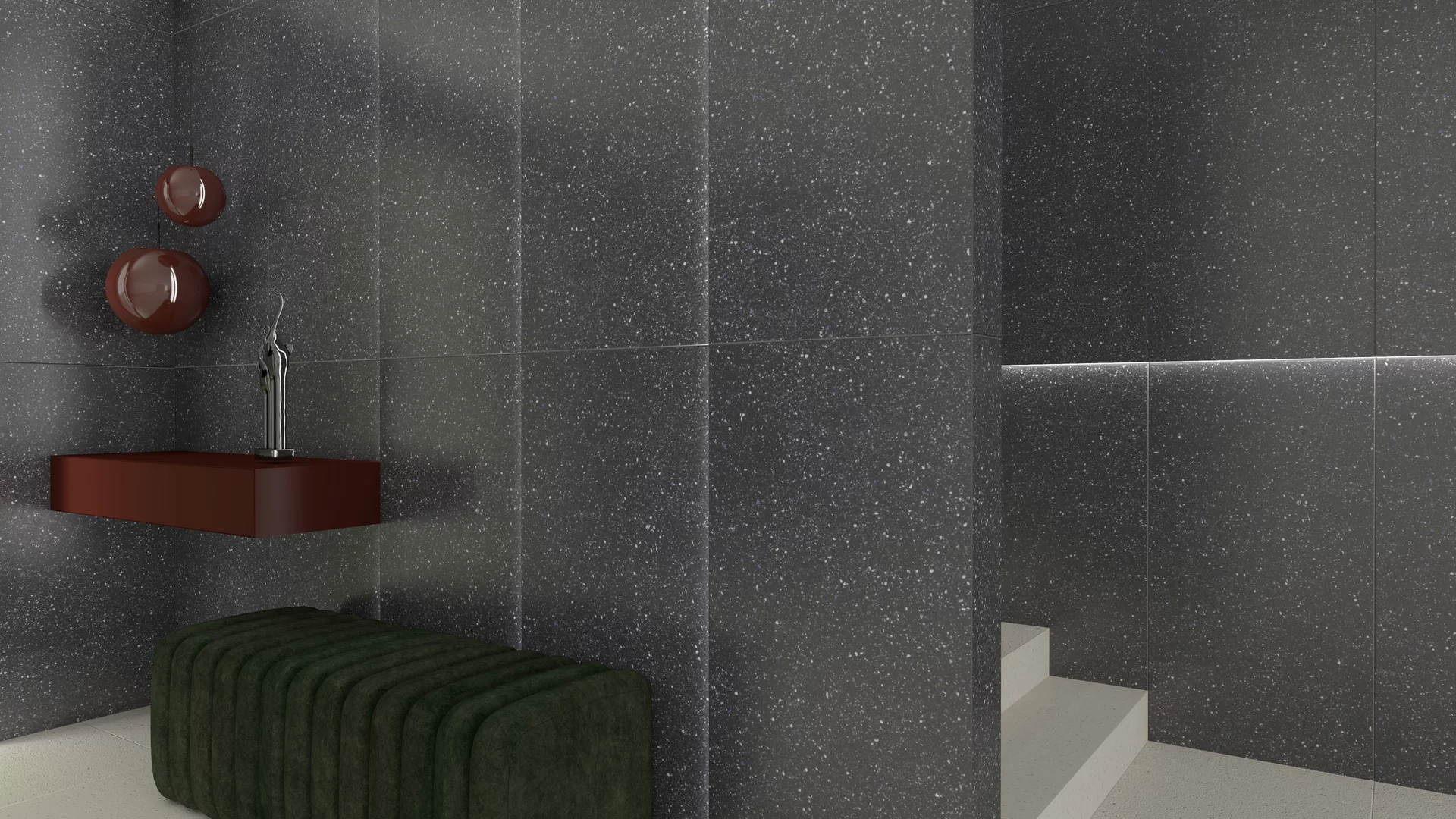 Kúpeľňa s tmavým terrazzo obkladom Macroside a minimalistickým nábytkom (5)