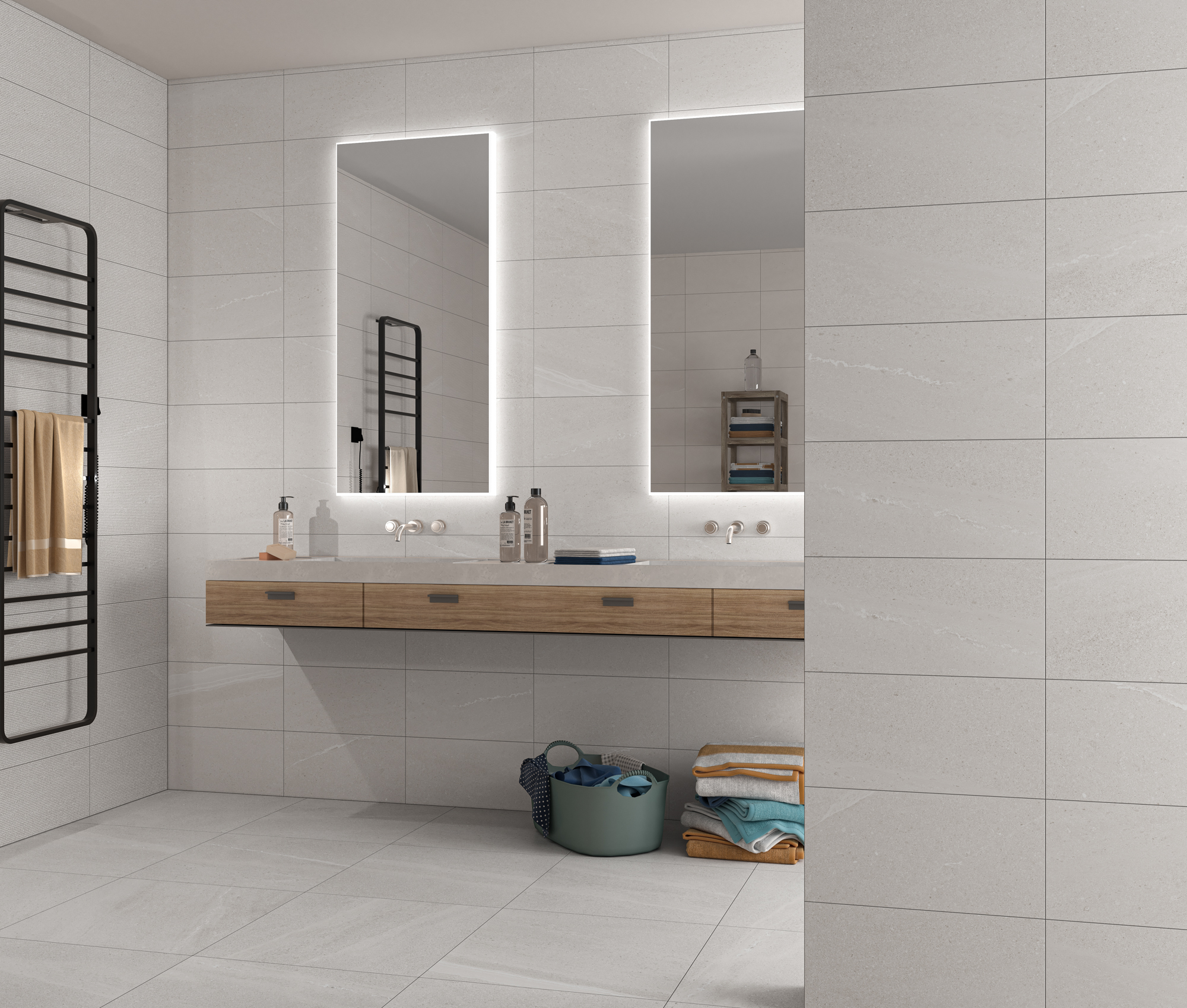 Neutrálna kúpeľňa s kamenným vzhľadom dlaždíc Lington od Ecoceramic (12)