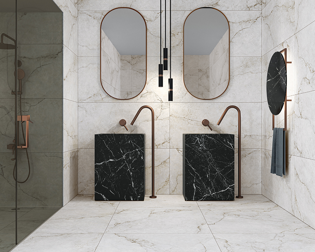 Elegantná kúpeľňa s lesklými a matnými porcelánovými obkladmi Ecoceramic Precious (6)