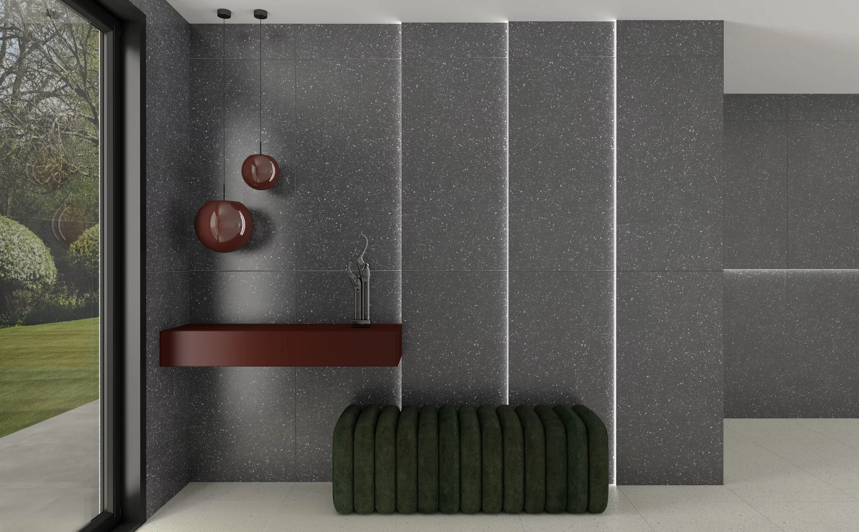 Kúpeľňa s tmavým terrazzo obkladom Macroside a minimalistickým nábytkom (2)