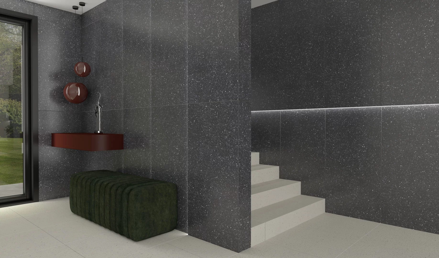 Kúpeľňa s tmavým terrazzo obkladom Macroside a minimalistickým nábytkom (4)