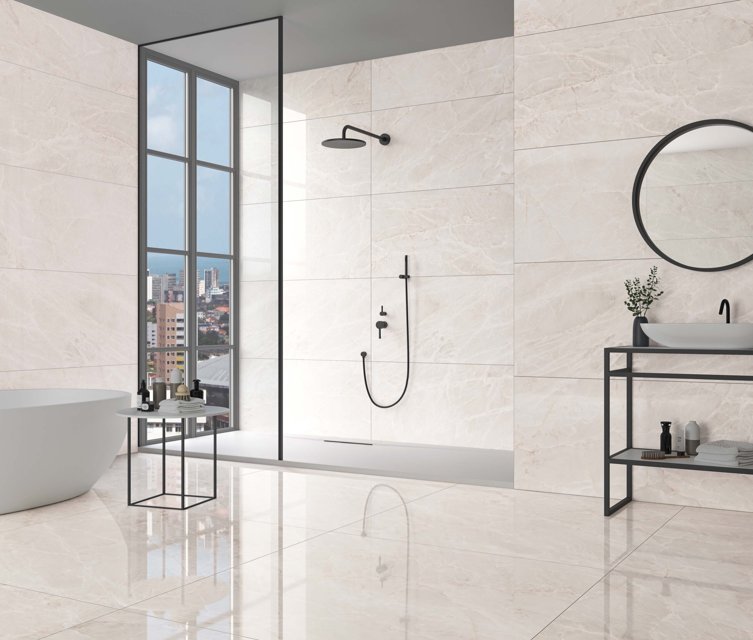 Svetlá kúpeľňa s lesklou porcelánovou dlažbou v odtieni White (2)