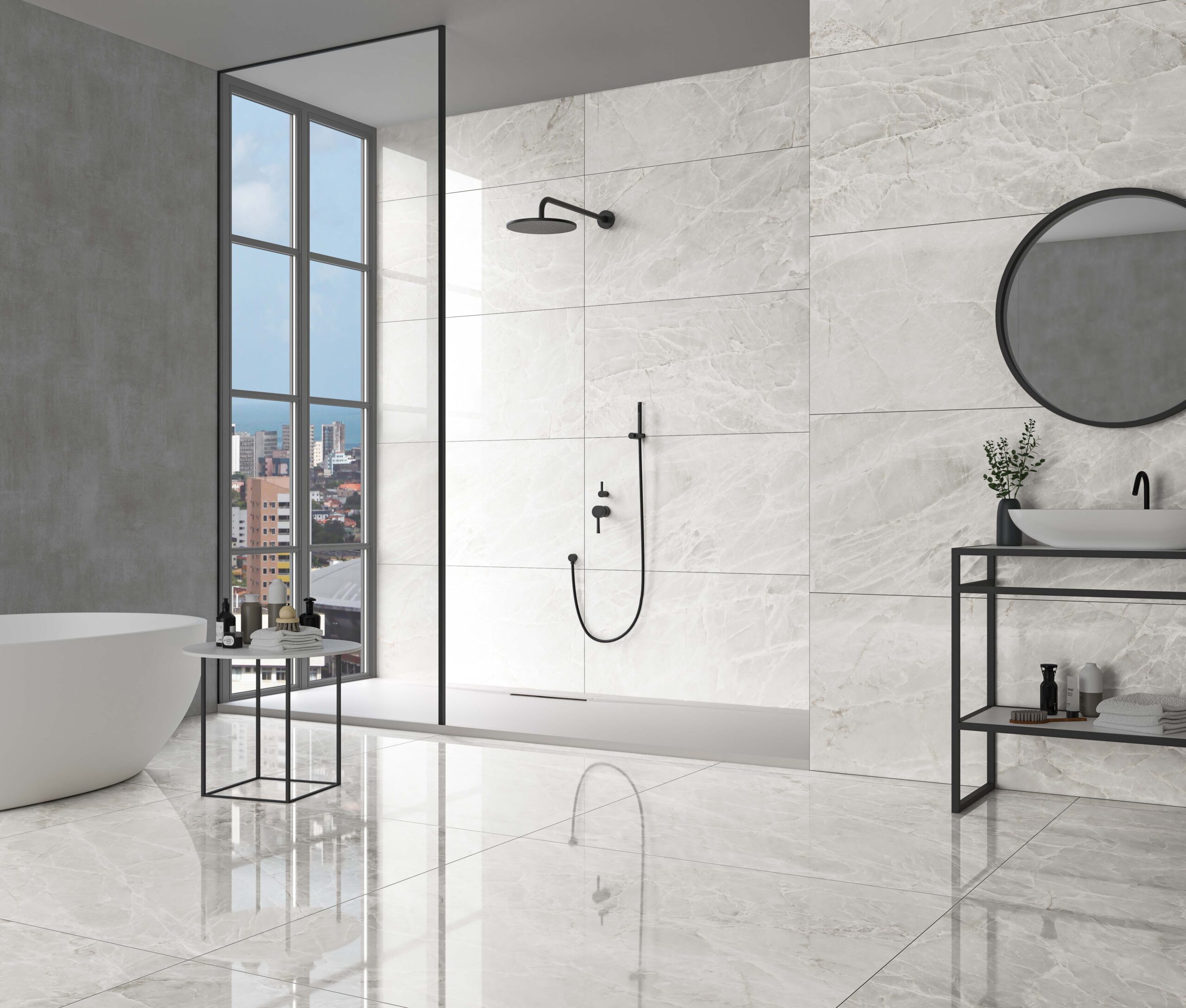 Svetlá kúpeľňa s lesklou porcelánovou dlažbou v odtieni White (3)