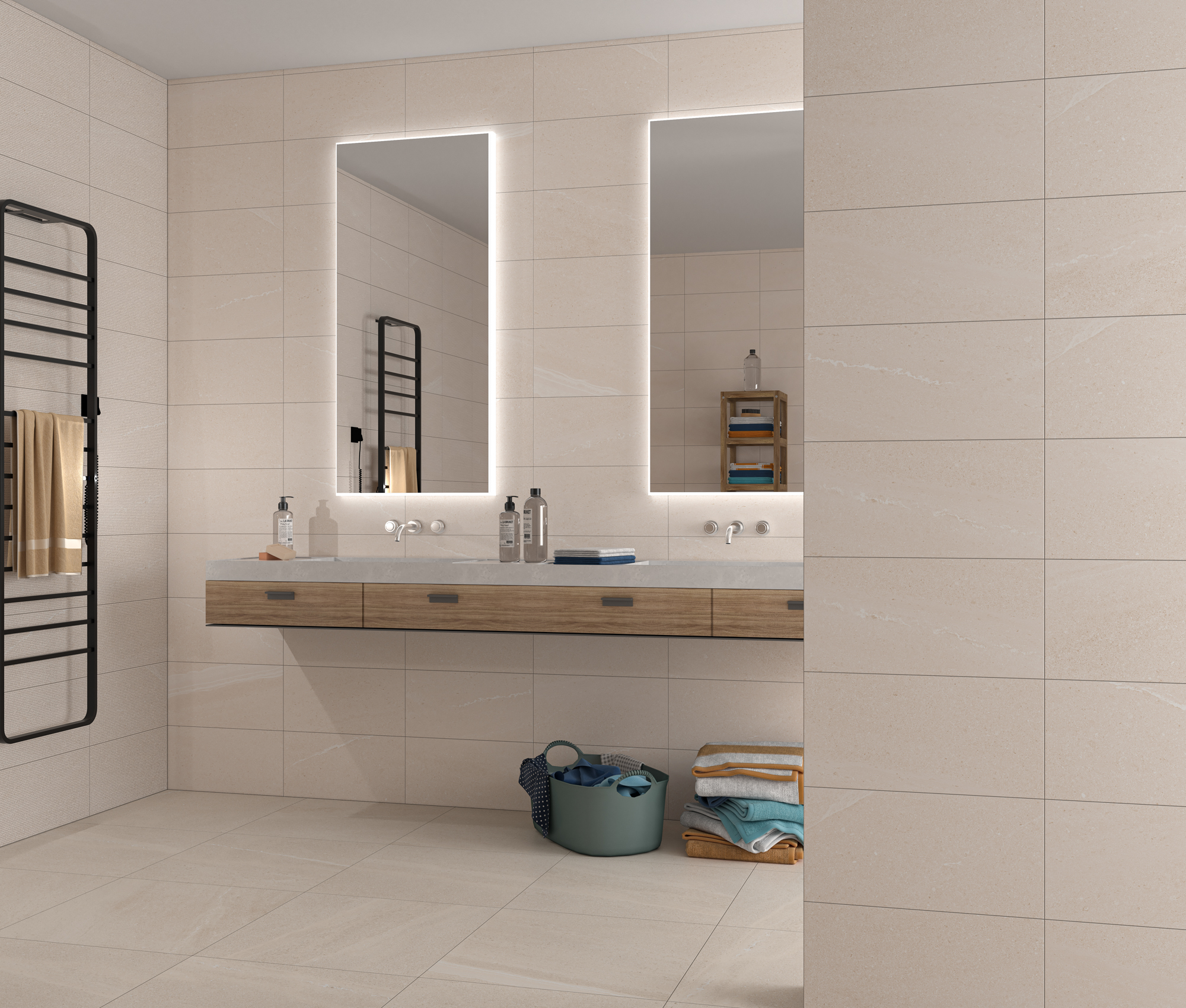 Neutrálna kúpeľňa s kamenným vzhľadom dlaždíc Lington od Ecoceramic (8)