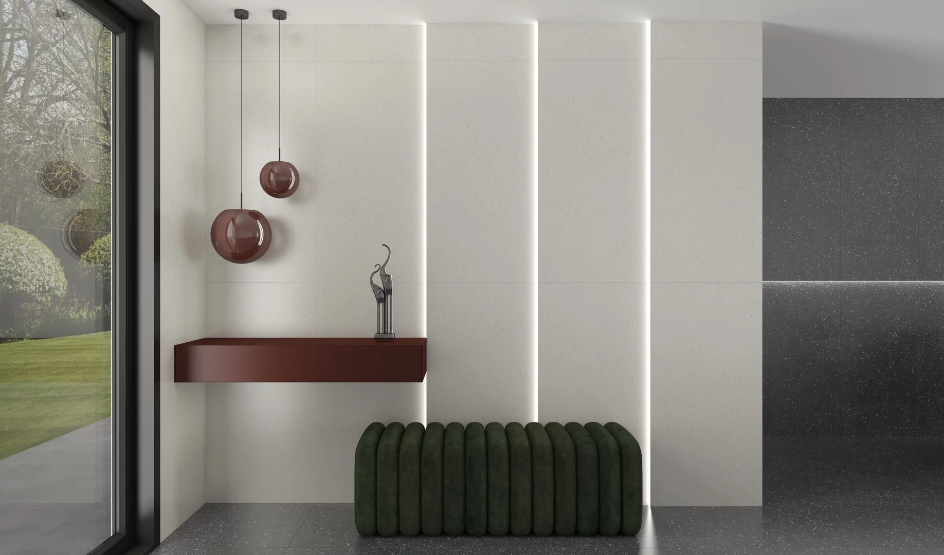 Kúpeľňa s tmavým terrazzo obkladom Macroside a minimalistickým nábytkom (3)
