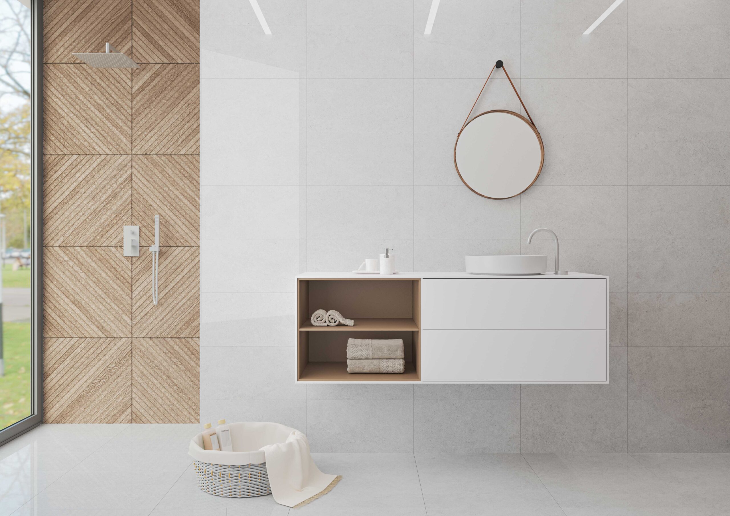Svetlá kúpeľňa s lesklými béžovými dlaždicami série Ecoceramic Babilon Pol (2)