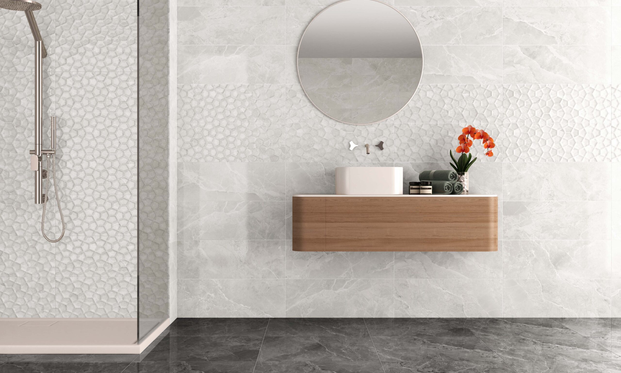 Kúpeľňa s neutrálnymi obkladmi Ariana od Ecoceramic v béžových a perlových tónoch (3)
