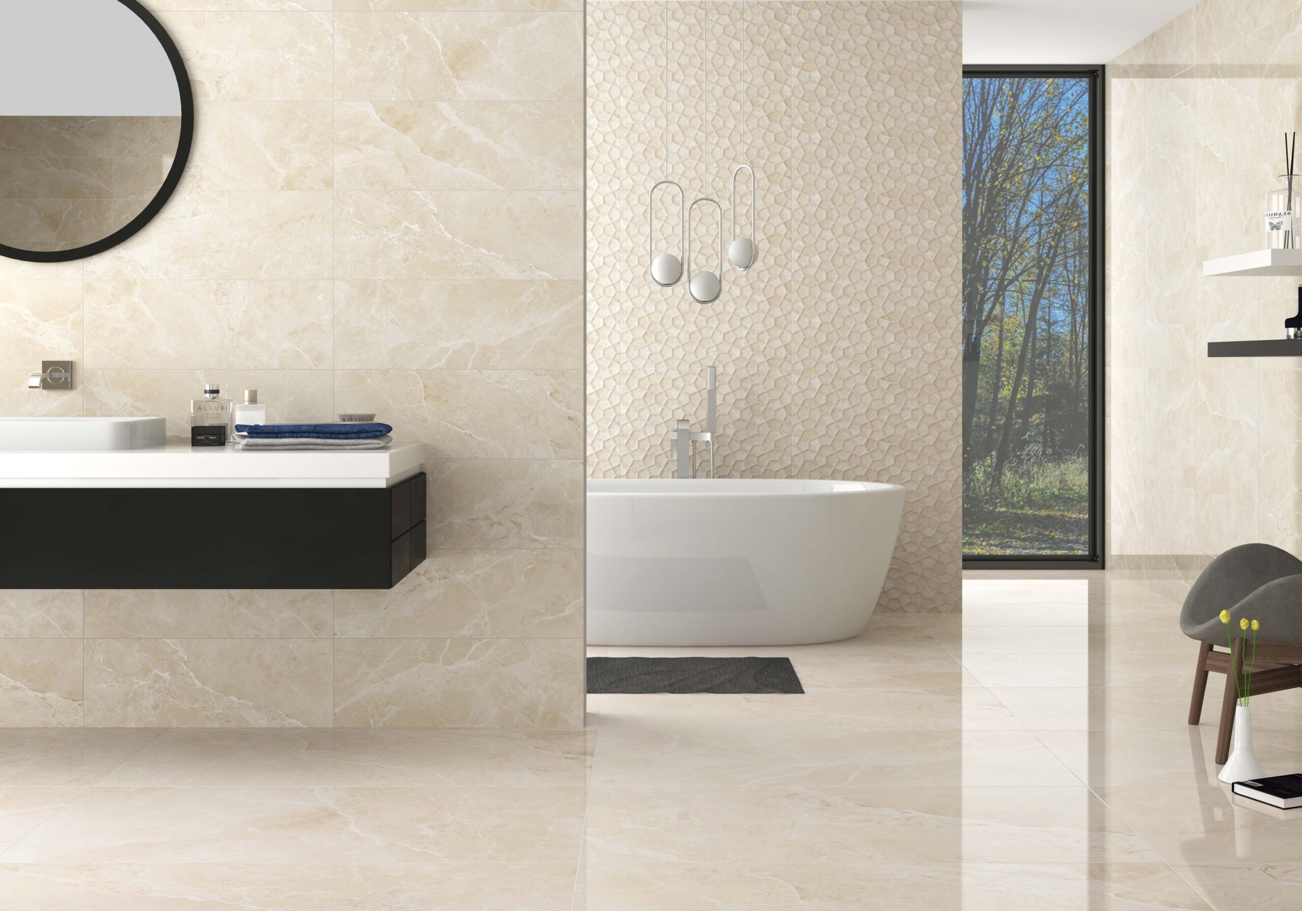 Kúpeľňa s neutrálnymi obkladmi Ariana od Ecoceramic v béžových a perlových tónoch (2)