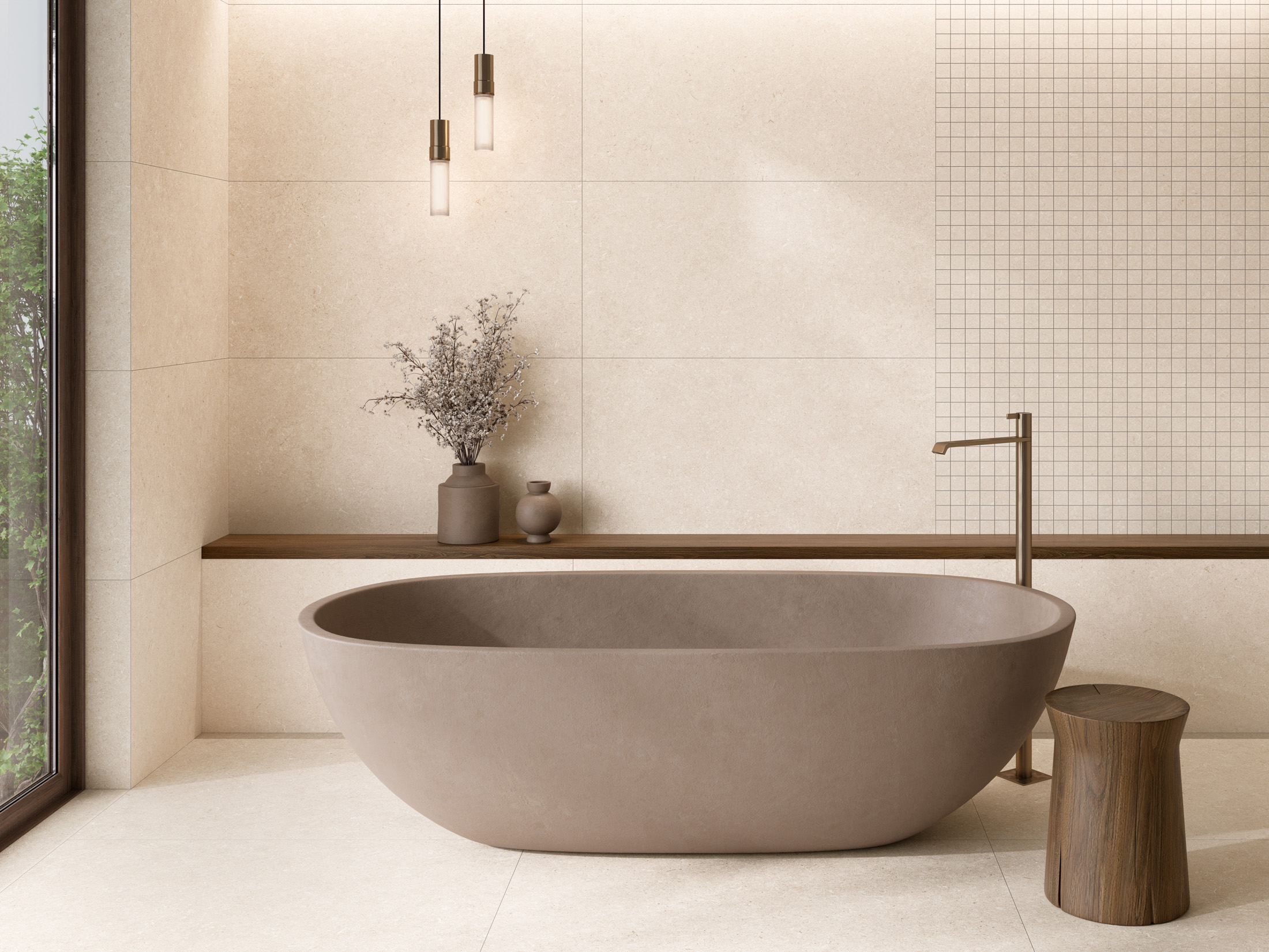 Kúpeľňa s neutrálnou dlažbou Kora od Ecoceramic v prírodných odtieňoch (5)