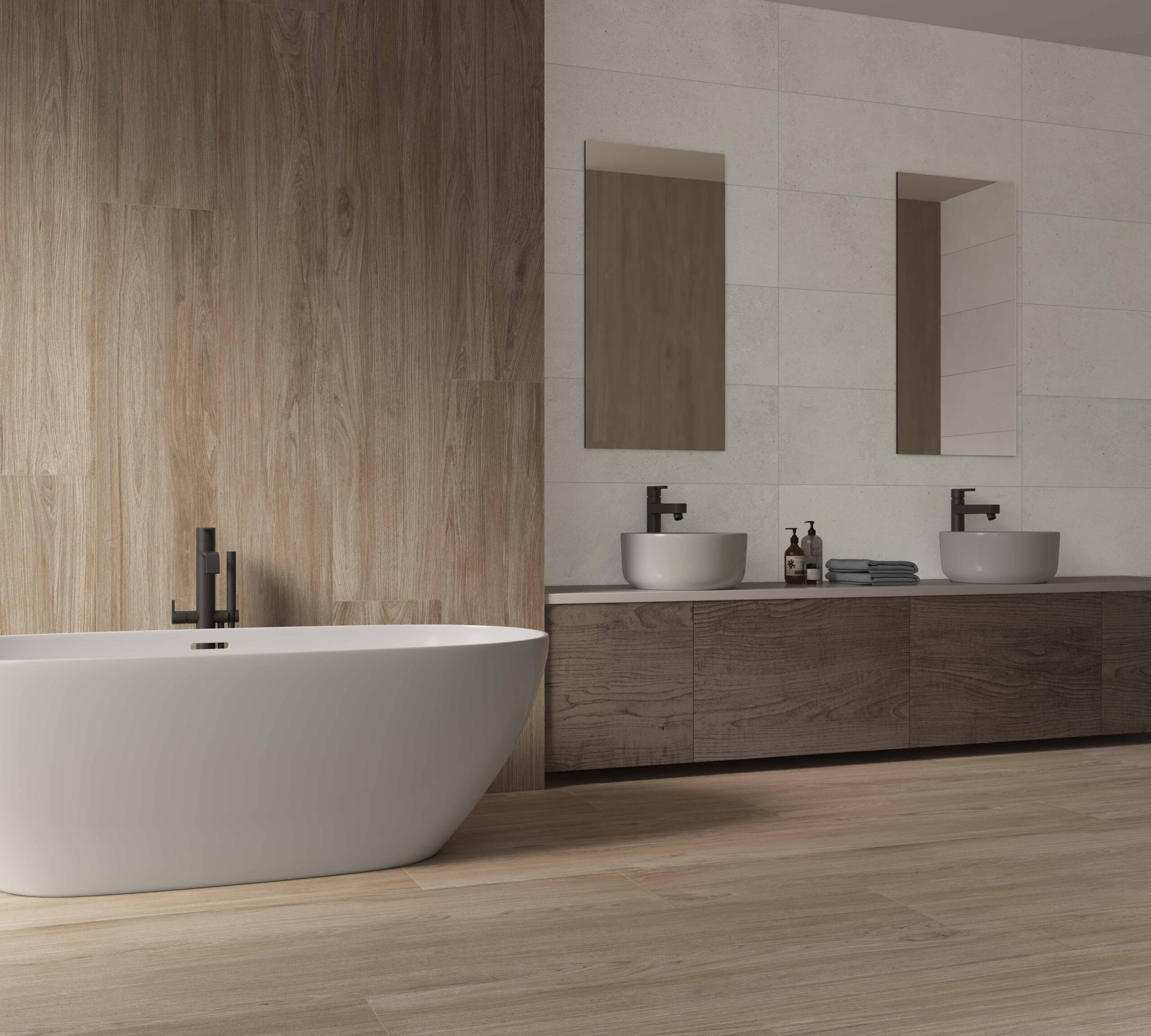 Kúpeľňa s dlažbou pripomínajúcou drevo z kolekcie Ecoceramic Fika