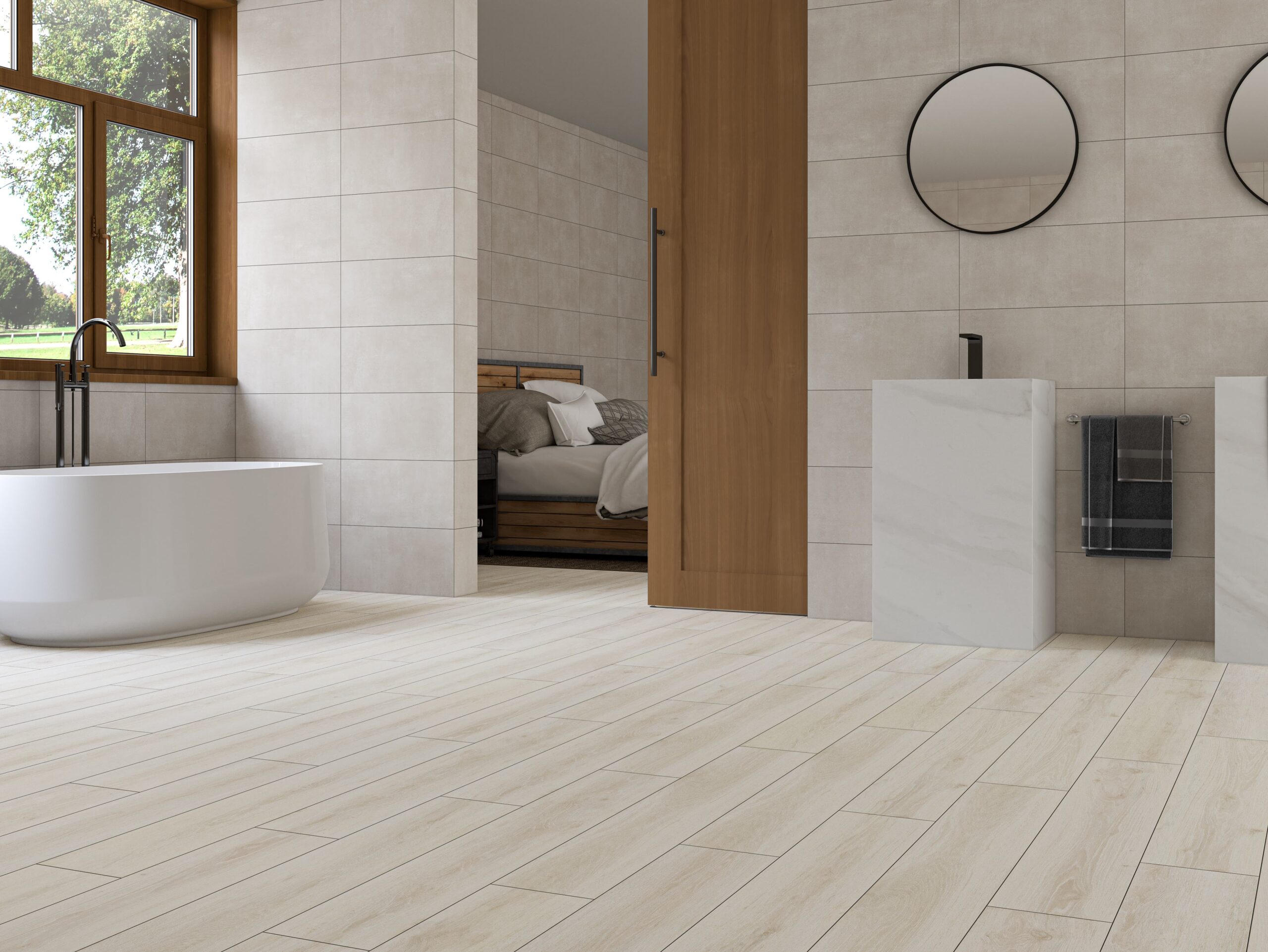 Kúpeľňa s neutrálnymi porcelánovými obkladačmi Borneo v odtieňoch ivory a gris (4)