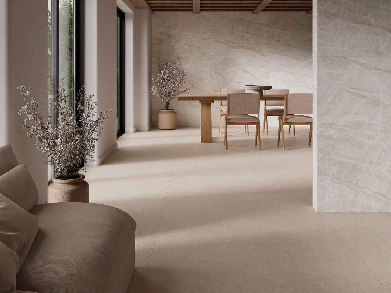 Kúpeľňa s neutrálnou dlažbou Kora od Ecoceramic v prírodných odtieňoch (2)