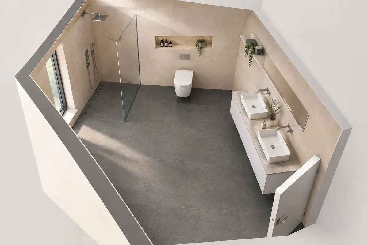 Architektonická AI vizualizácia kúpeľne 4, RAKO Abetone – dvojfarebné kombinácie, tmavošedá