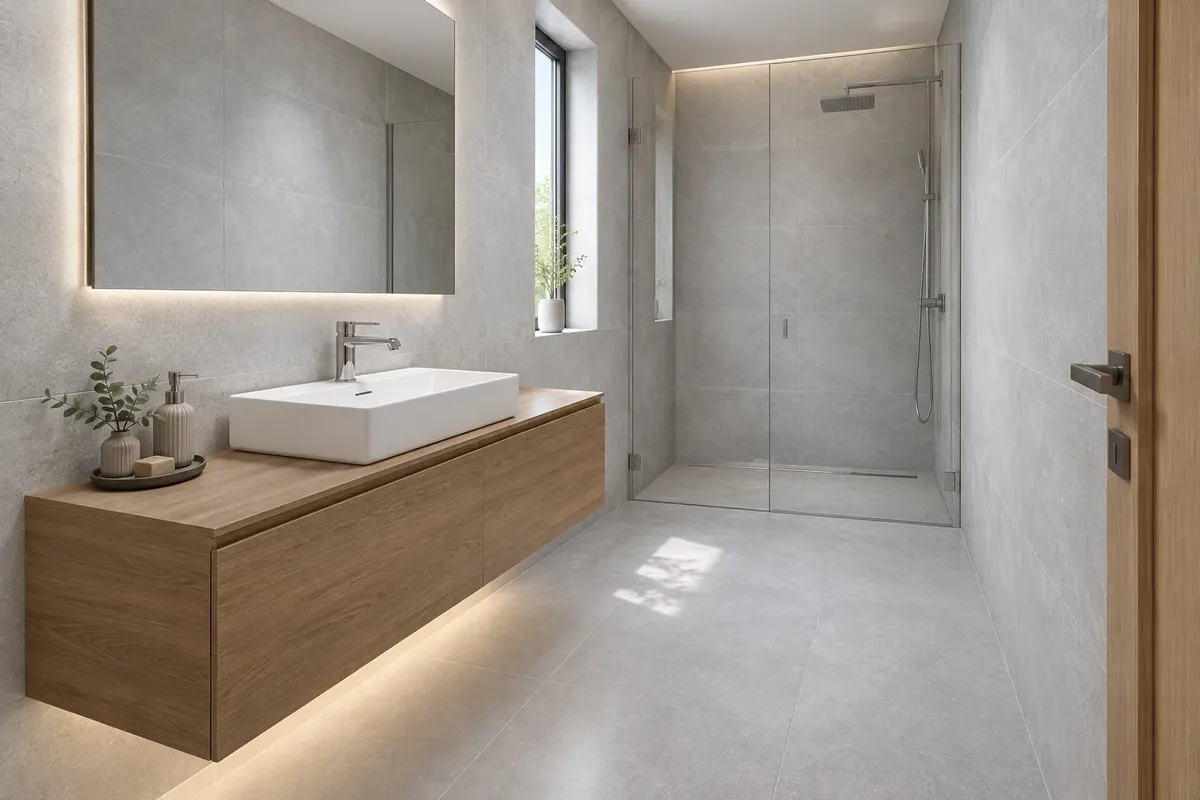 Architektonická AI vizualizácia kúpeľne 1, RAKO Abetone, šedá