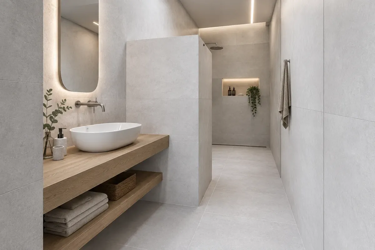 Architektonická AI vizualizácia kúpeľne 4, RAKO Abetone, svetlošedá